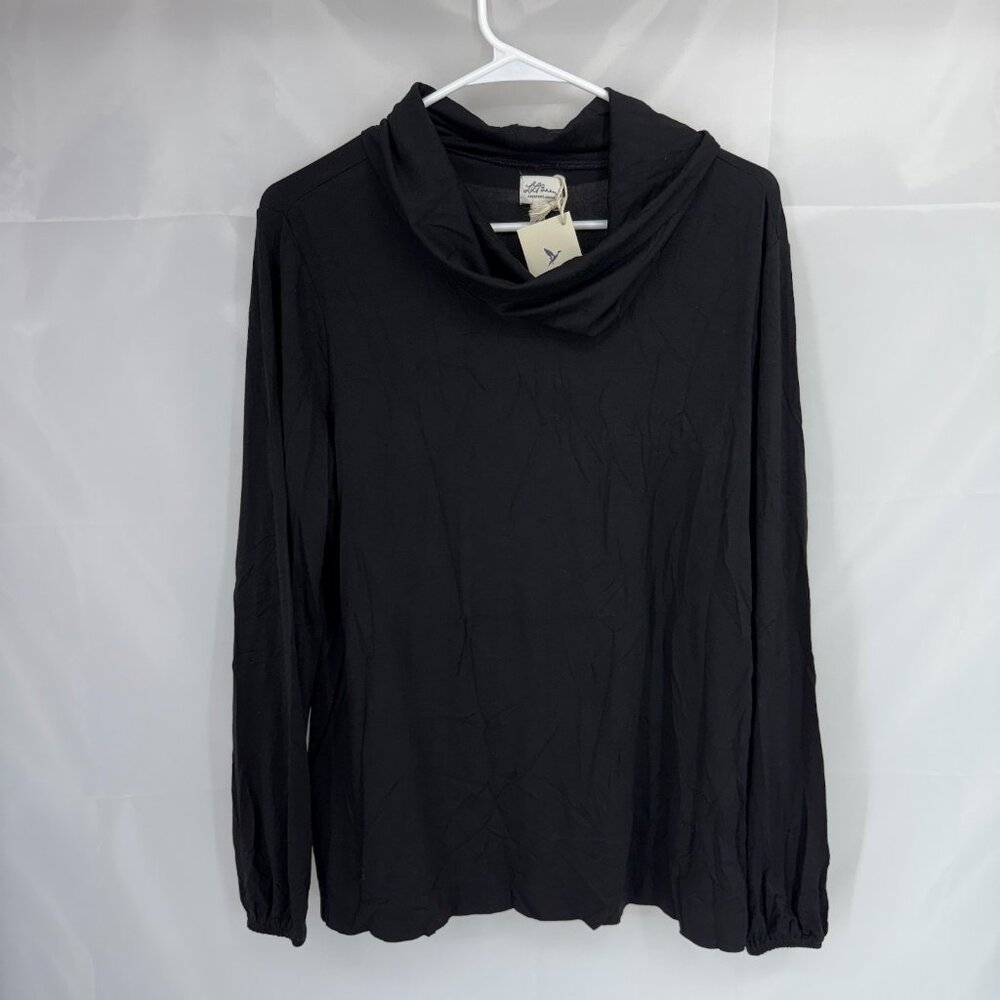 LL Bean Signature Women L Cowl Neck Shirt Black Balloon Long Sleeve Stretch Top